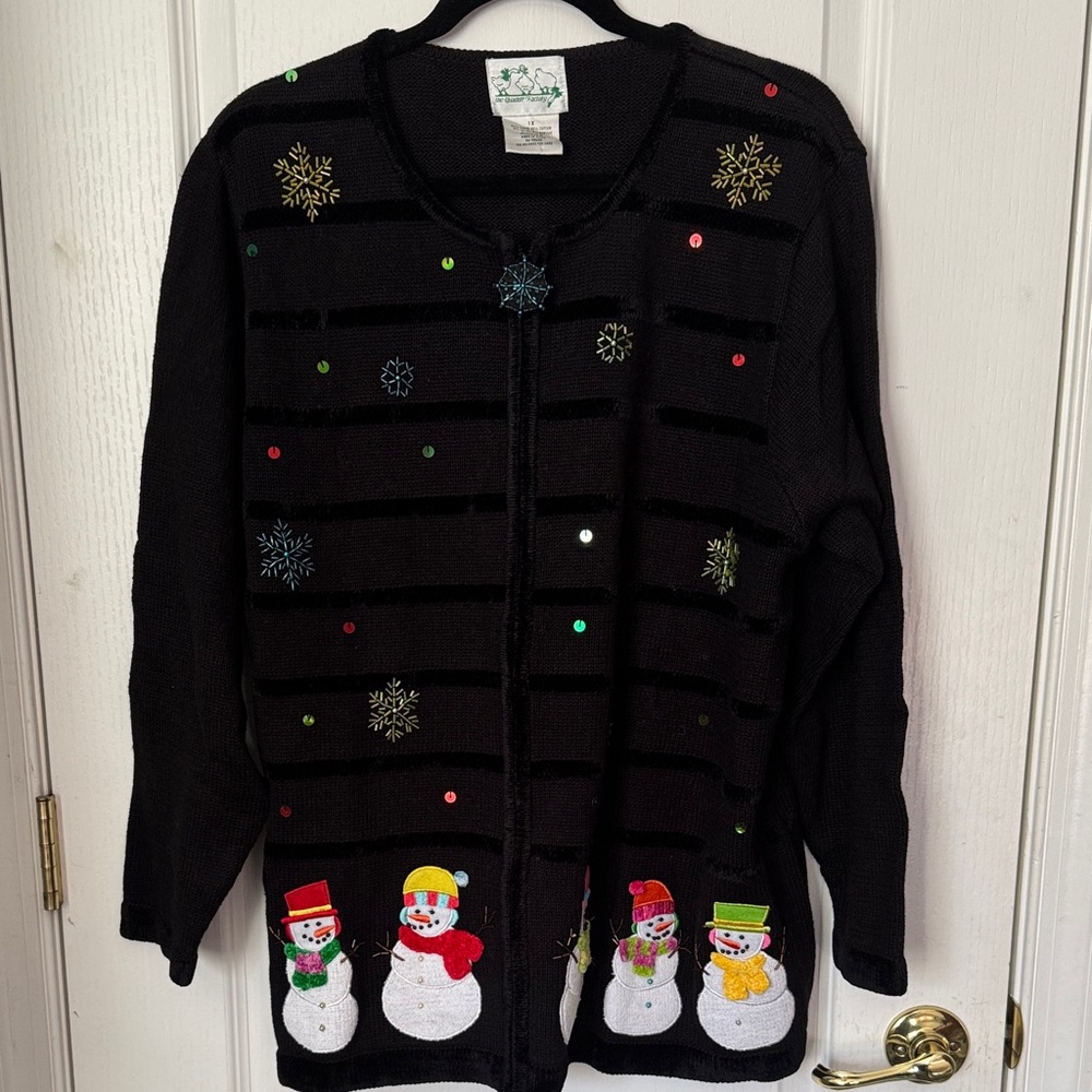 Quacker Factory Black Cardigan with Snowman Design